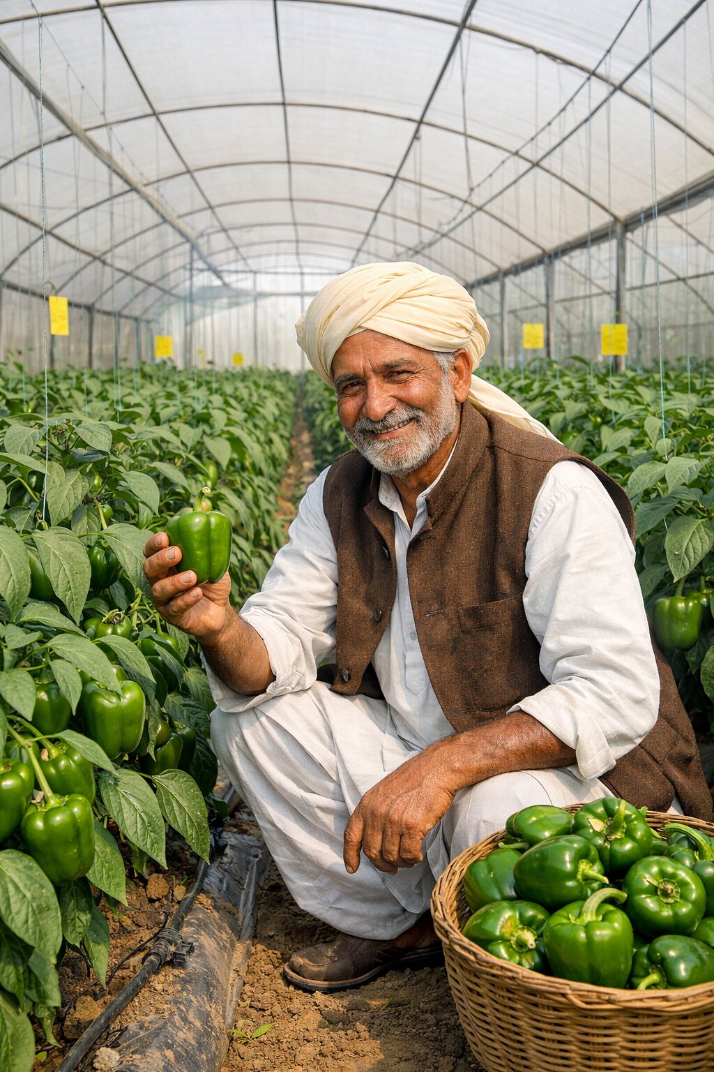 Grower inspecting healthy capsicum inside a polyhouse