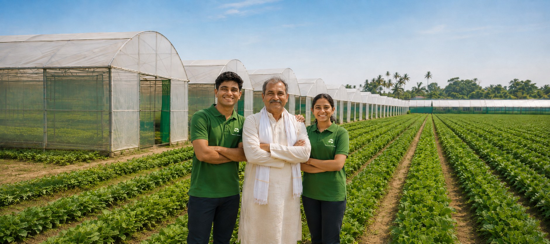 KBS field team between rows of polyhouses