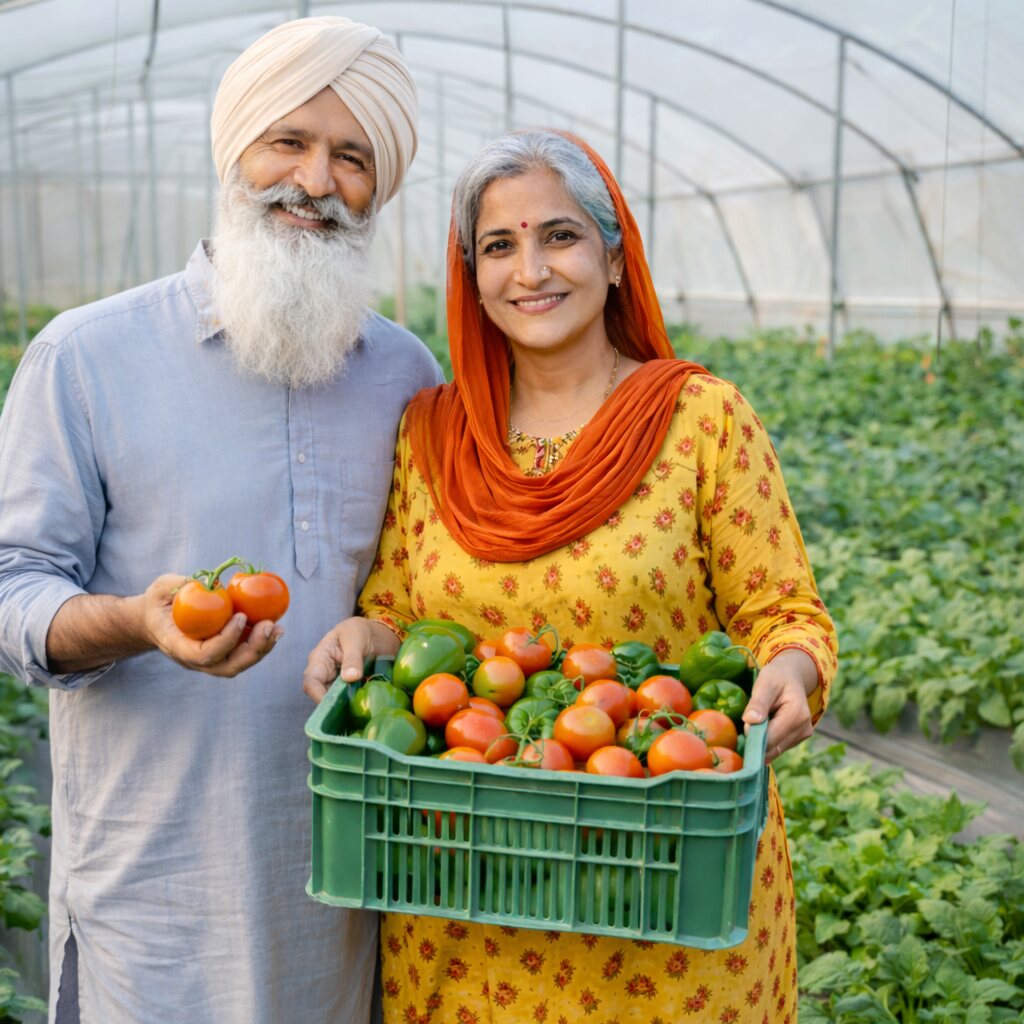 Growers holding a fresh tomato harvest