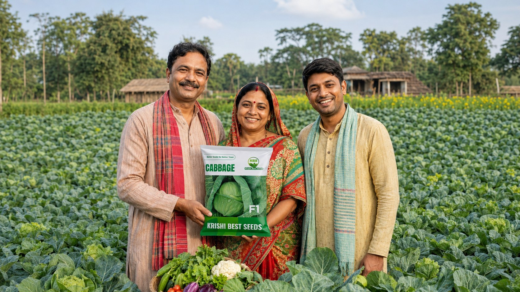 A KBS grower family with a cabbage seed pack and fresh harvest