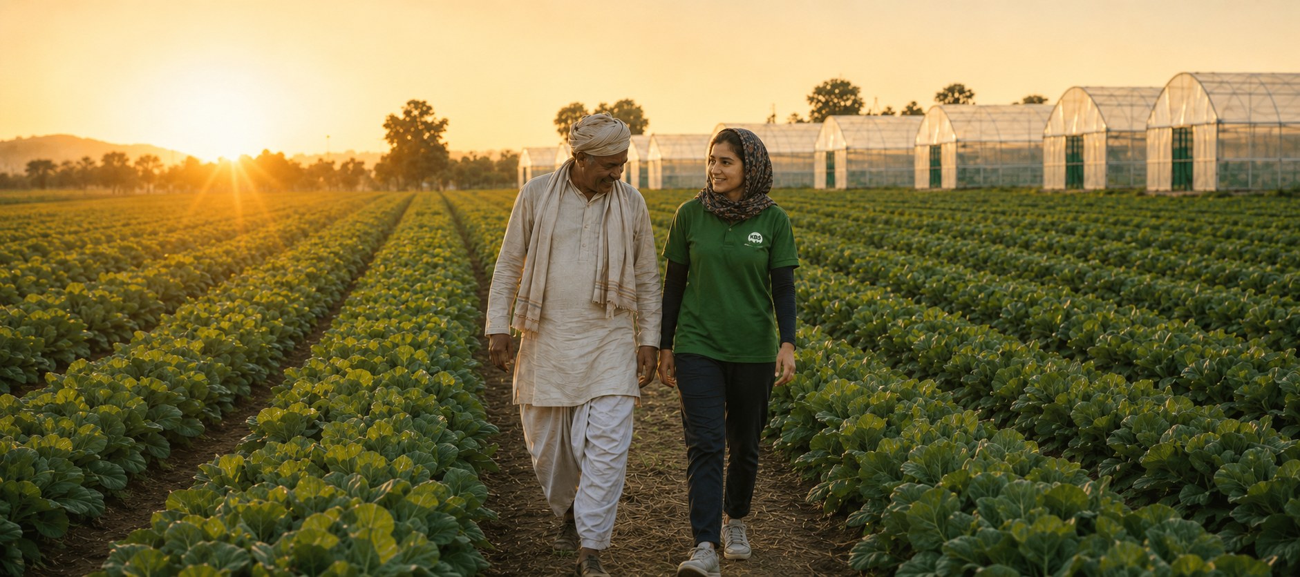 KBS team member walking a field with a grower at sunrise