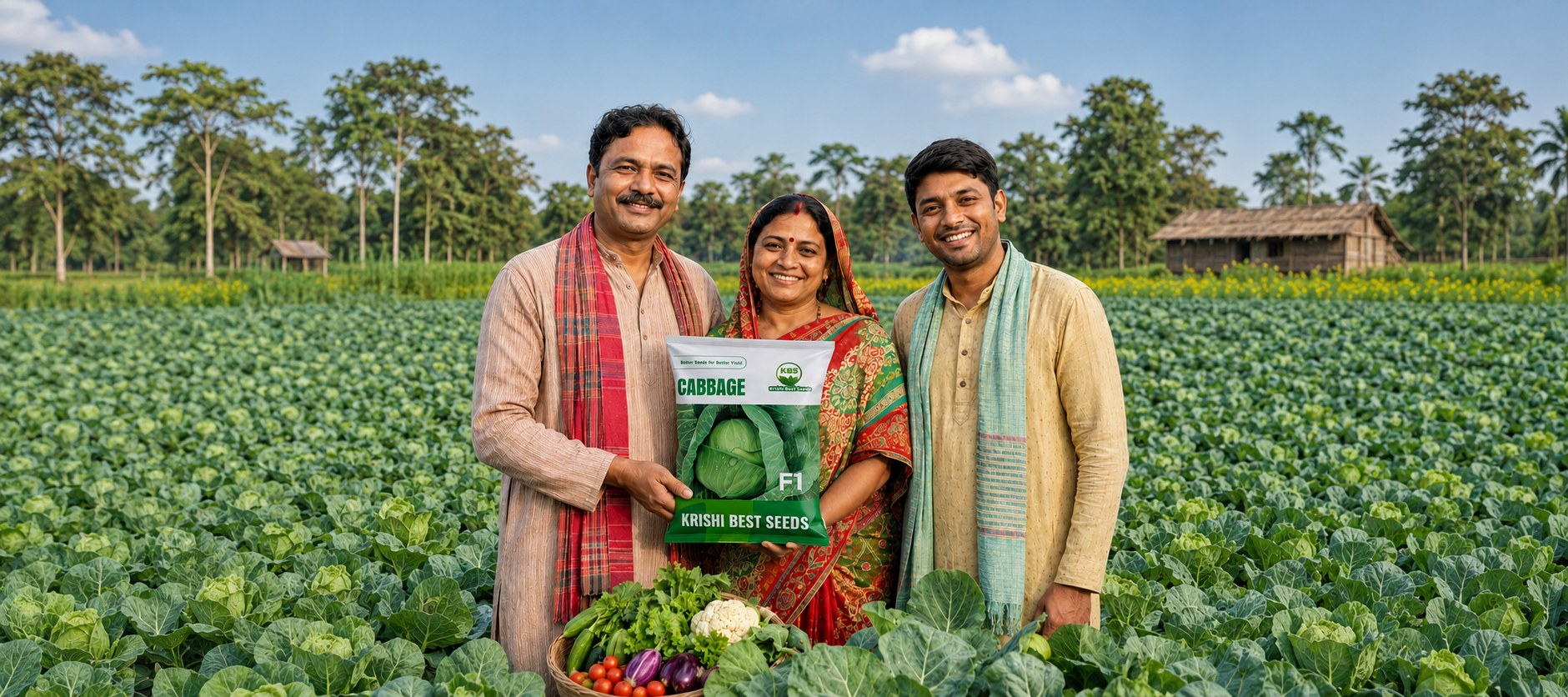 KBS grower family with a cabbage seed pack in the field