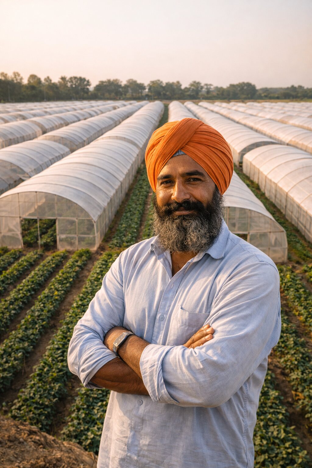 Grower standing by protected cultivation structures