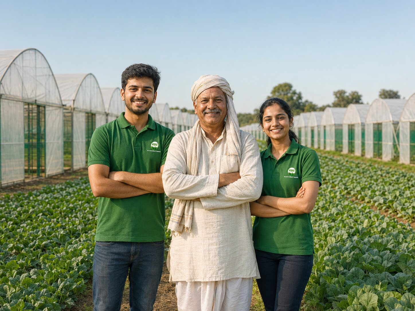 KBS team with an Indian grower in a protected crop field