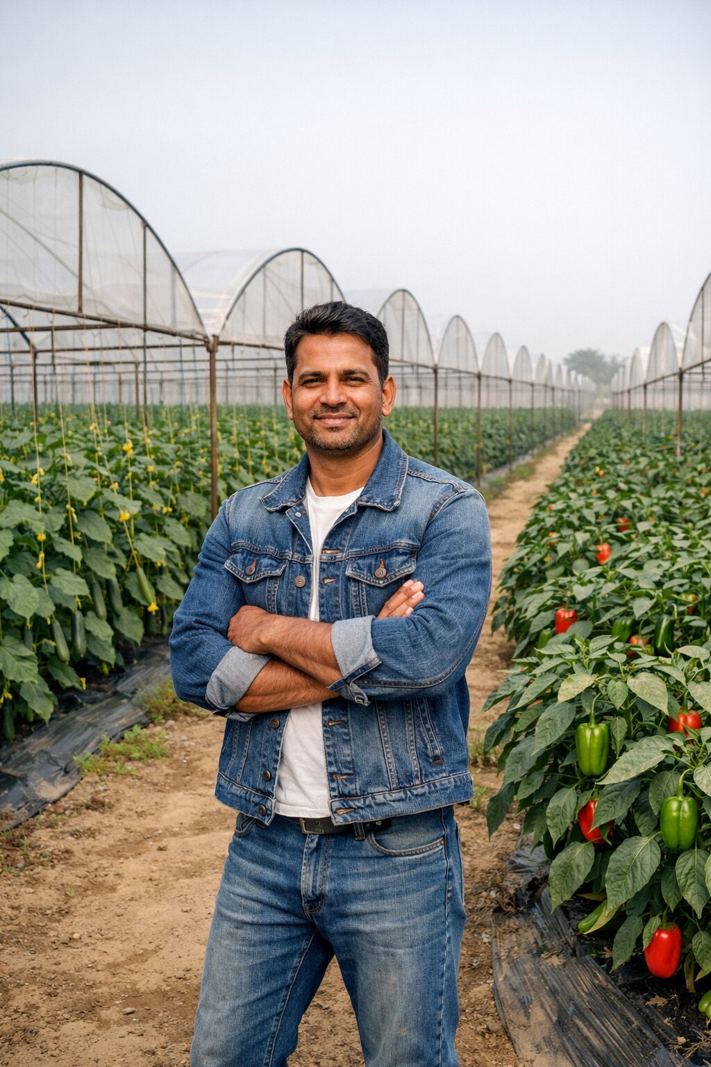Young grower inside a thriving polyhouse